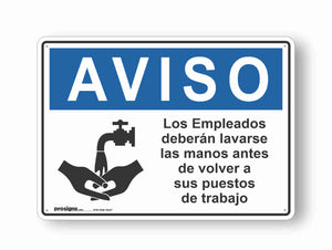 Notice employees must wash hands before returning to work Spanish version